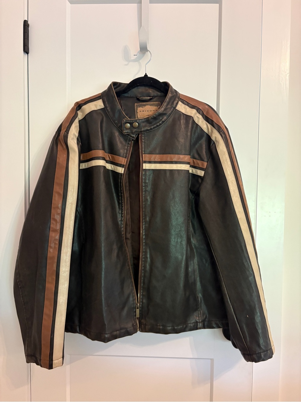 Arizona Jean Company Brown Leather Moto Jacket with Cream & Tan Stripes